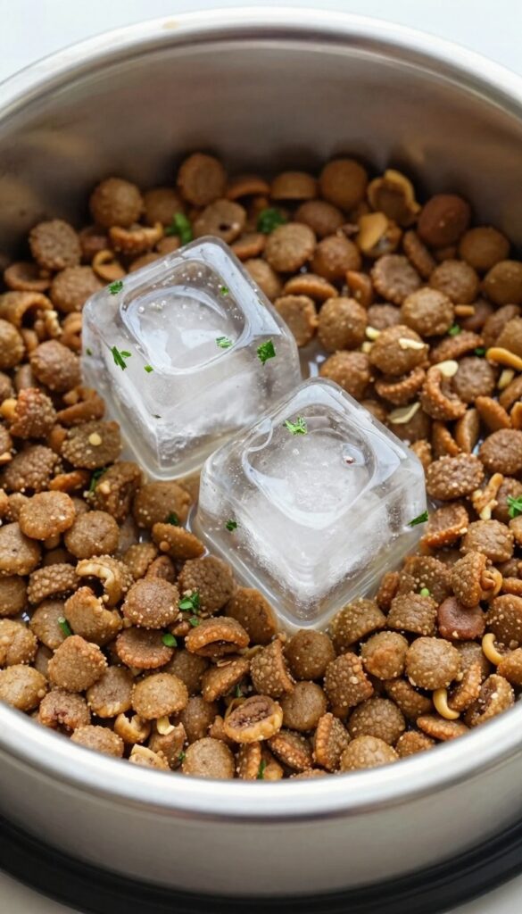 Beef broth and parsley ice cubes melting over dry kibble in a dog bowl