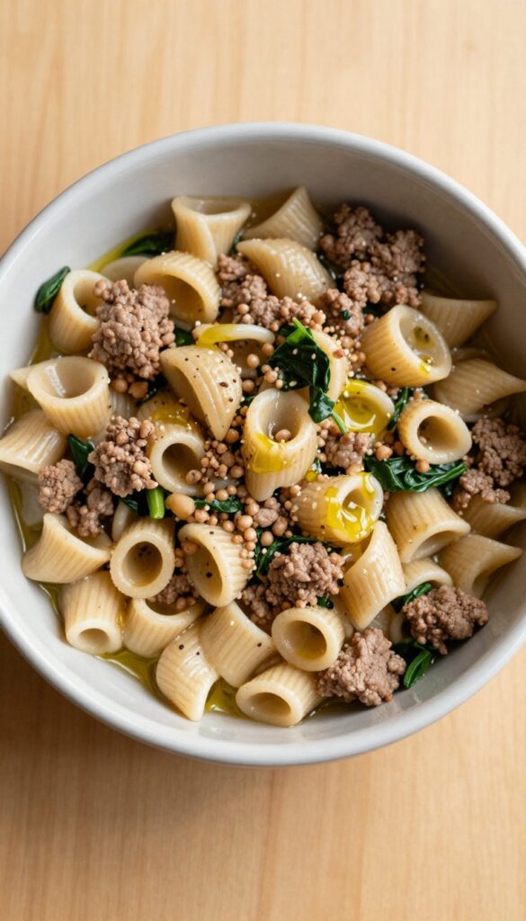 Dog bowl with beef and spinach pasta, a homemade dog meal