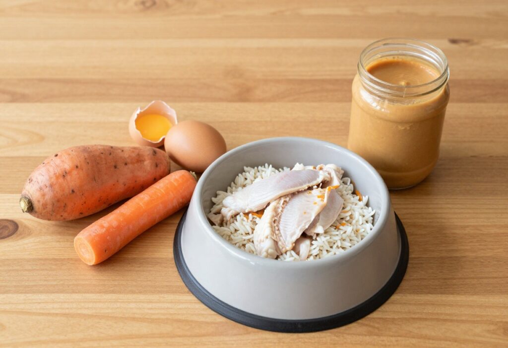 Homemade dog food in a bowl with chicken, rice, and carrots, surrounded by pantry staples on a wooden table.