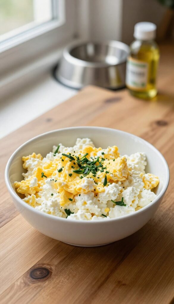 Homemade dog breakfast bowl with cottage cheese and scrambled eggs, garnished with spinach, on a wooden table in natural light.