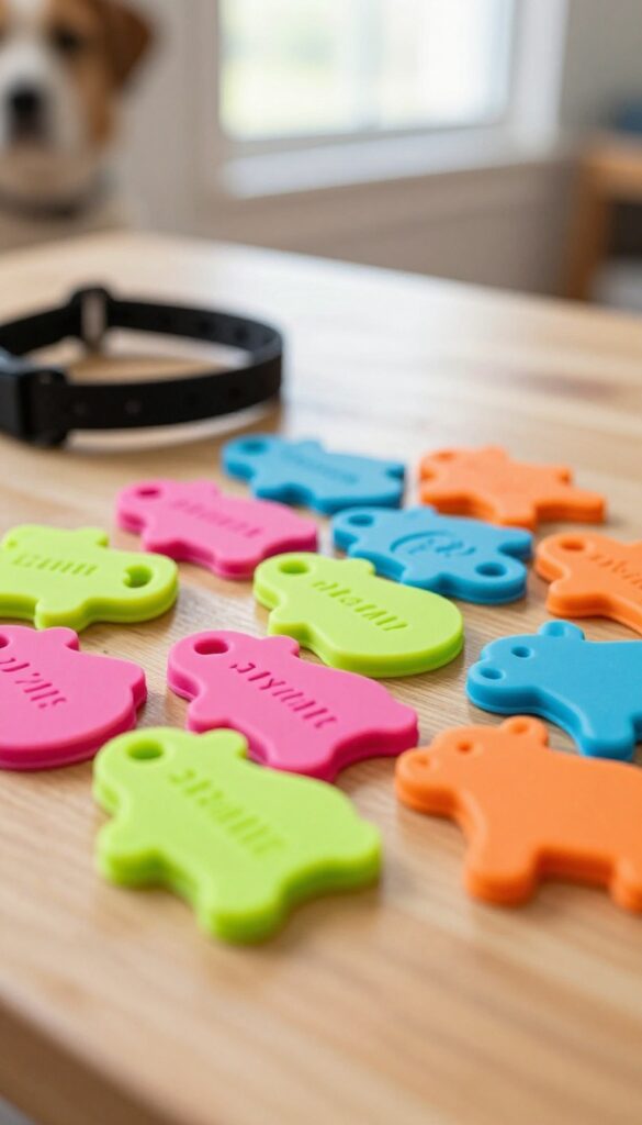 Colorful silicone dog tags on a wooden table in bright natural light