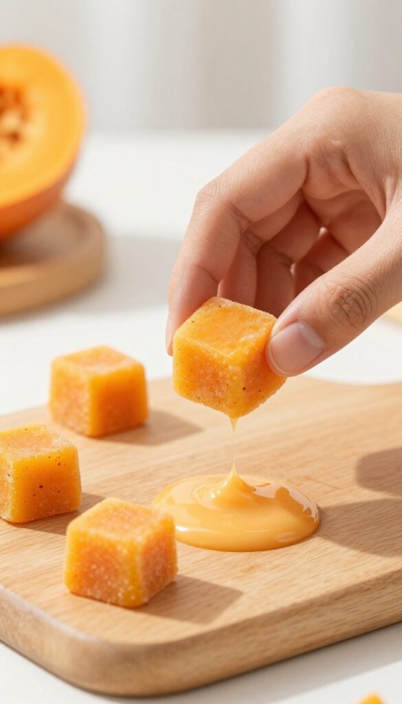 Homemade frozen kefir and pumpkin dog treat cubes on a wooden cutting board, one held by a hand, bright natural light, photorealistic pet food photography.