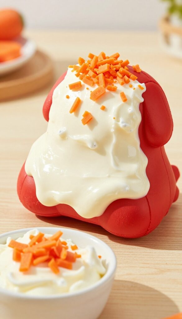Dog Kong stuffed with cottage cheese and grated carrot, a homemade dog treat idea.