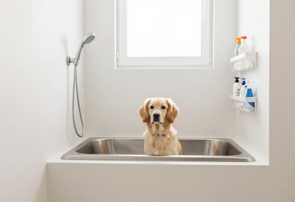 Laundry room with elevated dog wash station and organized grooming supplies