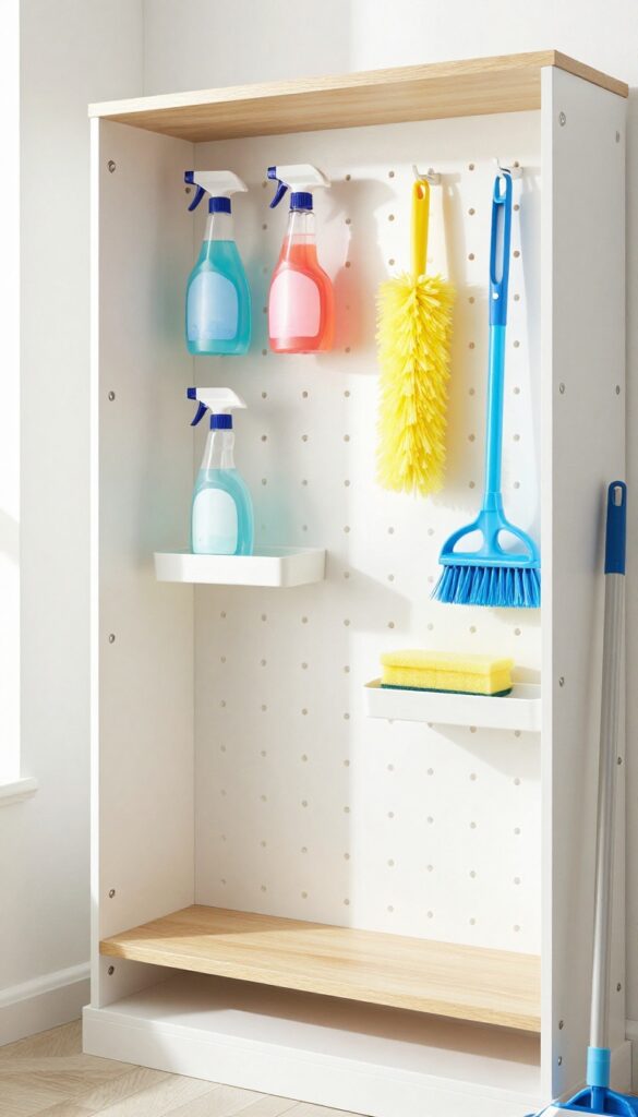 A pegboard wall in a cleaning closet organizing spray bottles, dusters, and scrub brushes.