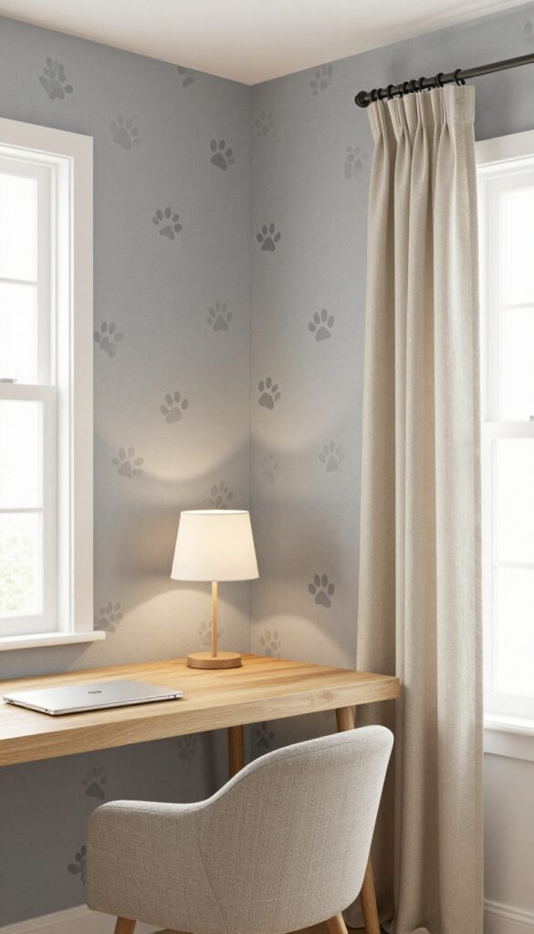 Accent wall with subtle paw print wallpaper in a bright, neutral home office