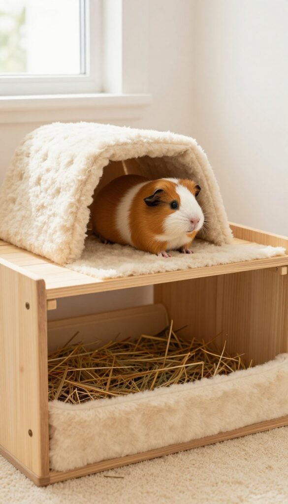 Guinea pig cage with a loft area and ramp, featuring a hideout and hay rack on the upper level.