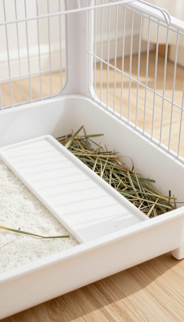 Guinea pig cage with pull-out tray bottom partially slid out, fresh bedding and hay inside, bright natural light, clean composition.