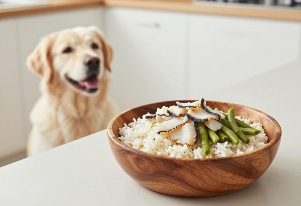 Homemade pollock dog food bowl with rice and green beans, dog watching nearby