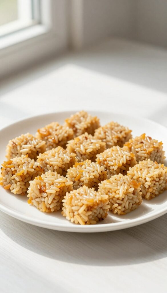 Homemade chicken and rice soft dog treat cubes on a white plate, crumb-free and protein-rich, perfect for training or senior dogs.