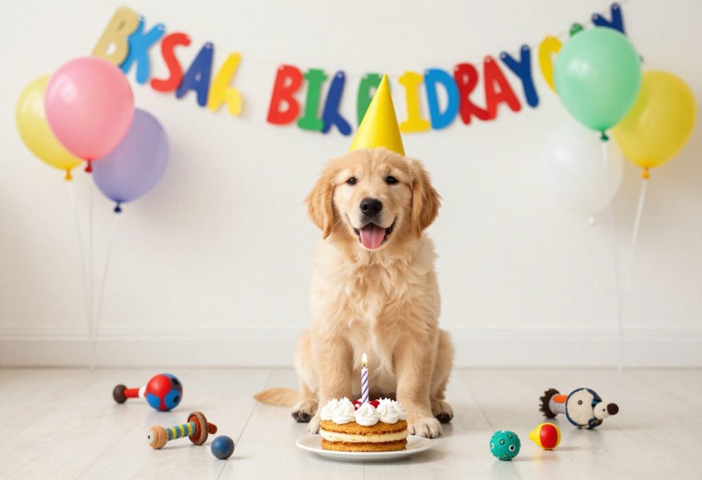 Golden retriever puppy wearing a birthday hat next to a dog-friendly birthday cake with a candle