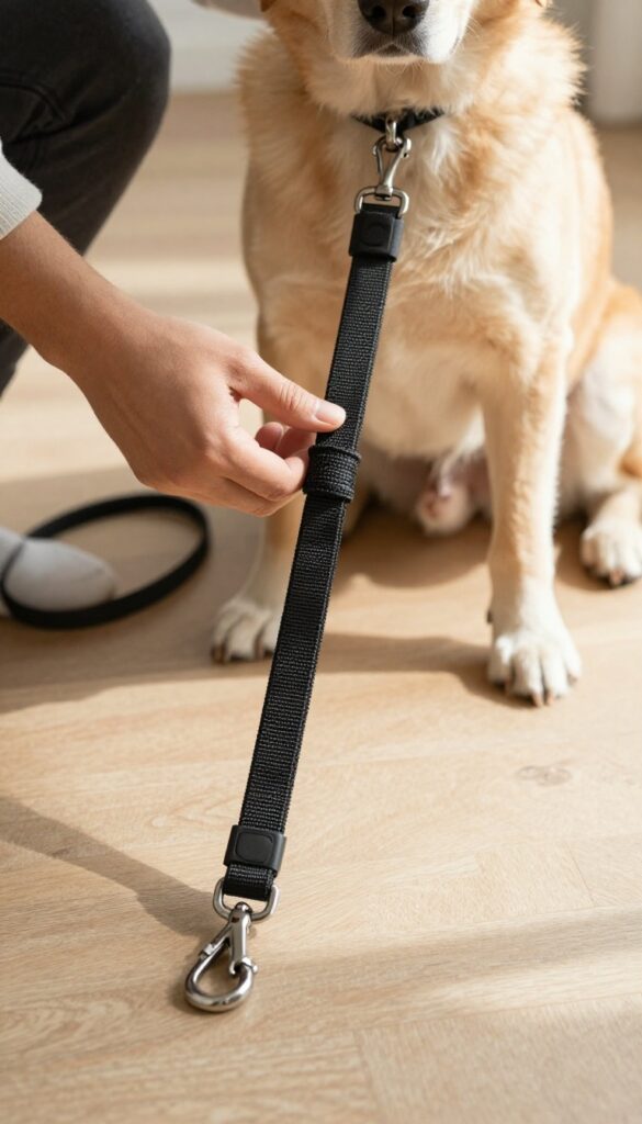 Person adjusting an adjustable length paracord dog leash with sliding knot and metal carabiner, dog sitting nearby in bright living room.