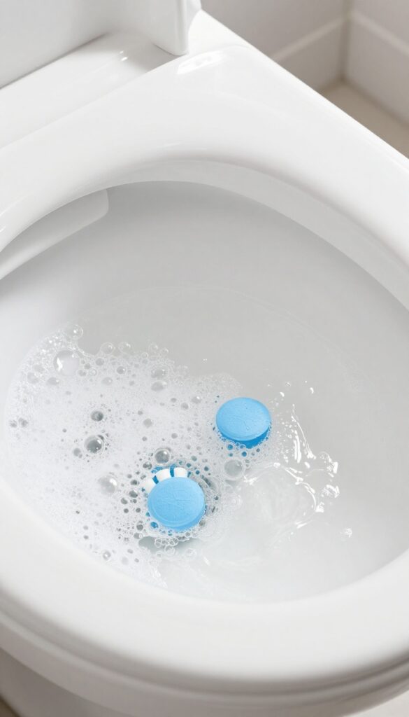 Denture tablets fizzing in a toilet bowl to remove stains