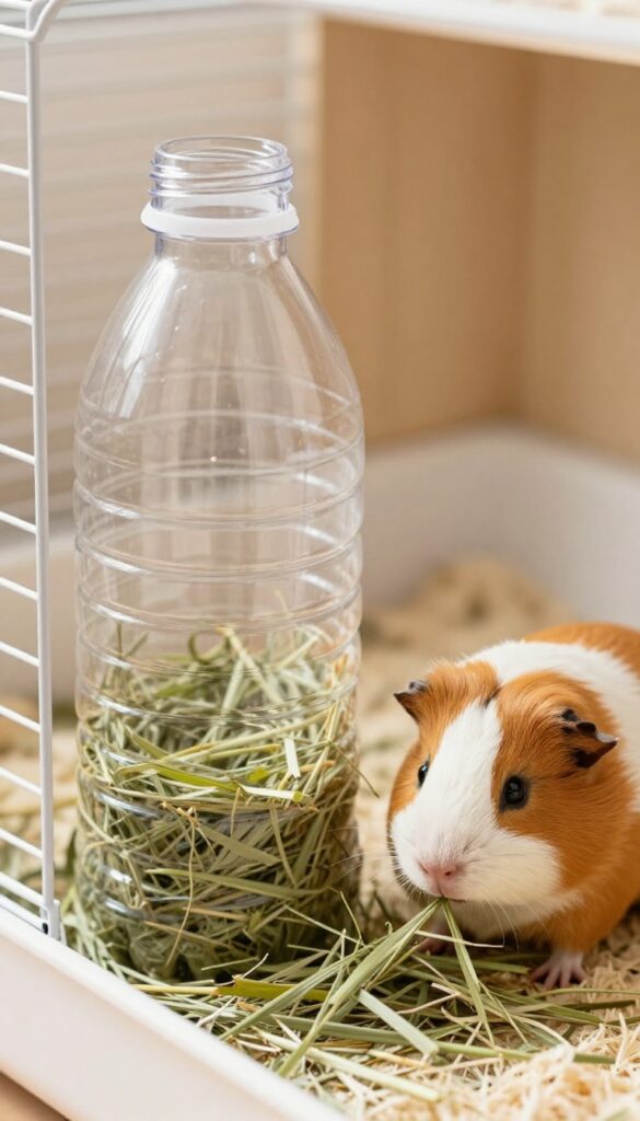 DIY hay rack made from a plastic bottle attached to a guinea pig cage, filled with hay
