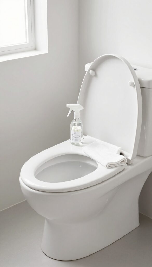 A clean white toilet with a jar of DIY cleaning tablets and a spray bottle on the seat, bright natural light, no text.