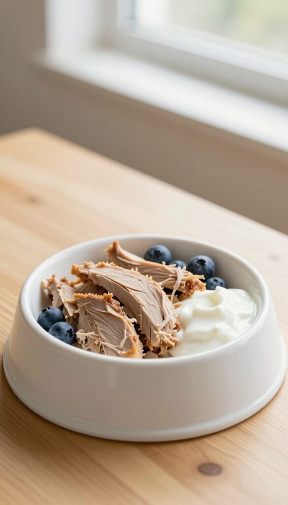 Homemade dog lunch bowl with shredded duck, blueberries, and yogurt in a white ceramic bowl on a wooden table.