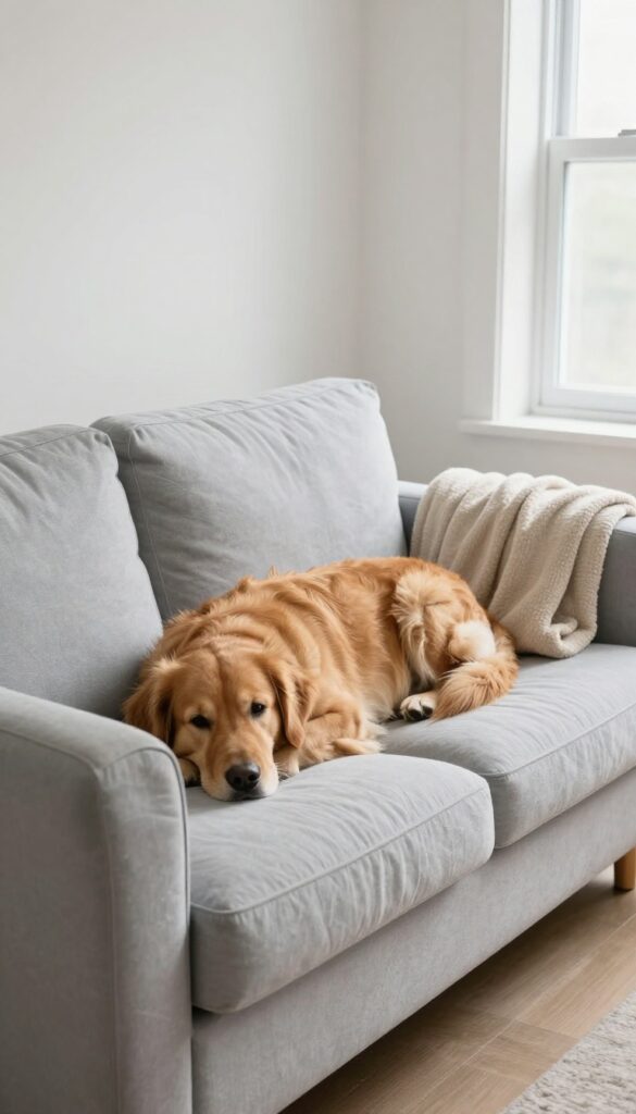 Slipcovered sofa with a golden retriever resting on it in a bright living room