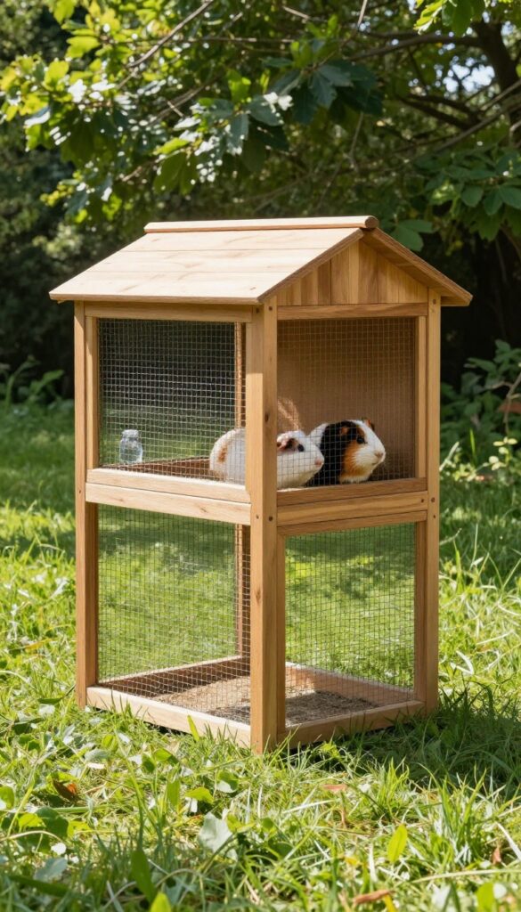 Classic wooden guinea pig hutch with attached fenced run in a sunny grassy yard