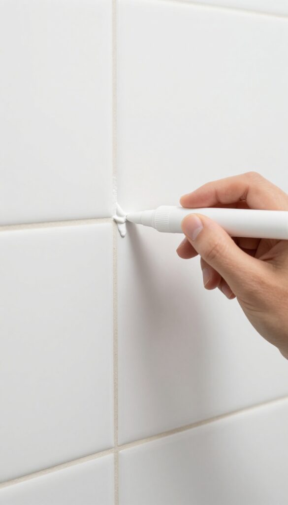Hand applying a grout pen to refresh stained grout lines in a clean white tiled shower.
