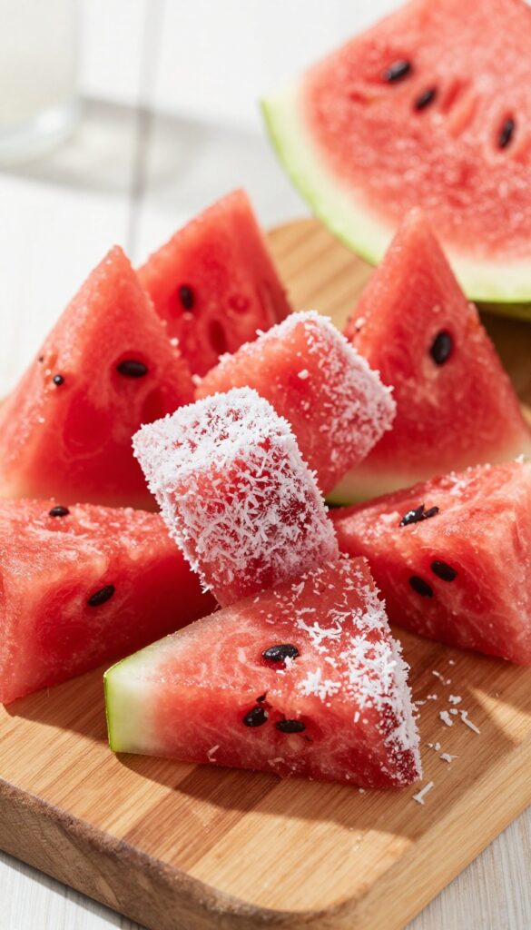 Frozen watermelon and coconut chunks for dogs, arranged on a wooden board.