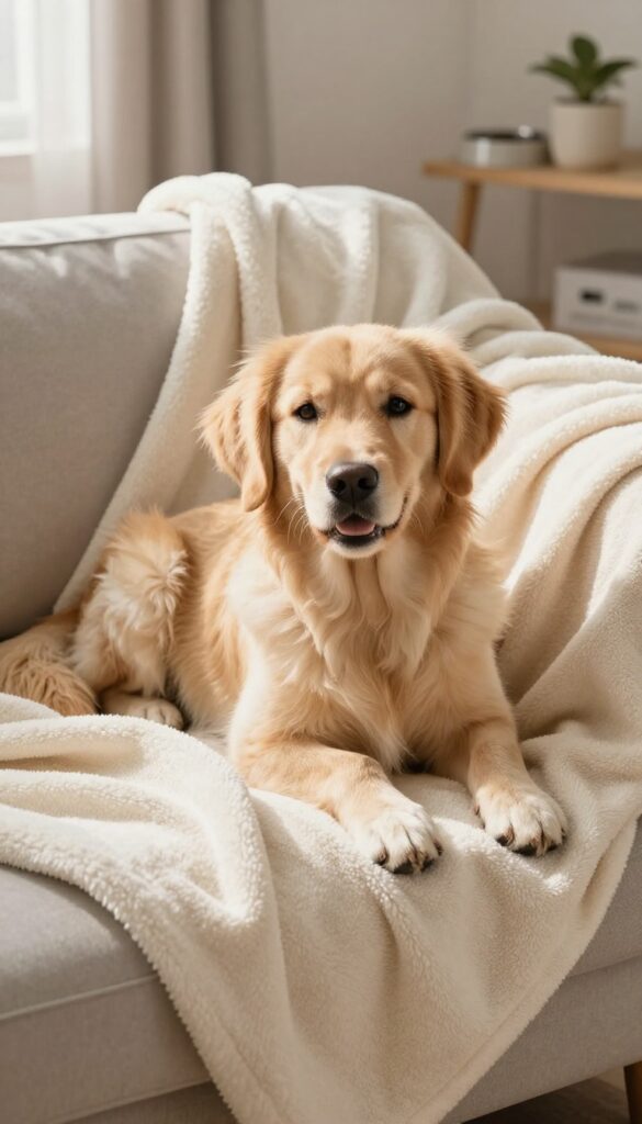 Customized photo blanket with a golden retriever's face printed on soft fleece, draped over a couch in a bright living room.