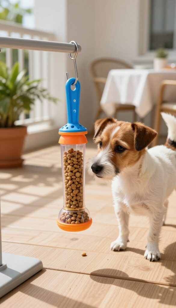 A terrier mix standing on hind legs pawing at a hanging treat dispenser toy on a sunny apartment patio.