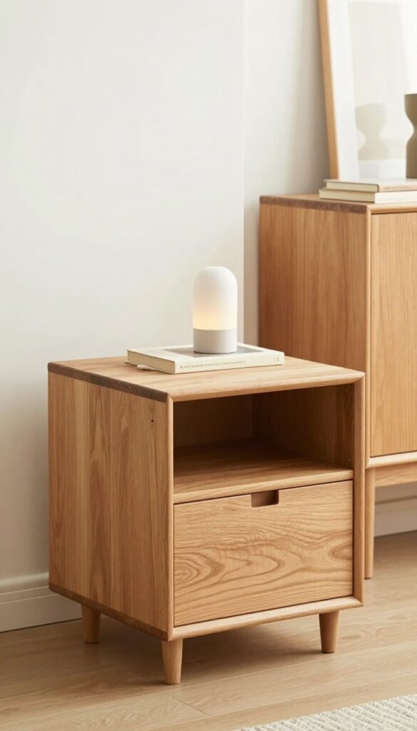 Mid-century modern crate end table in a bright living room with lamp and book on top