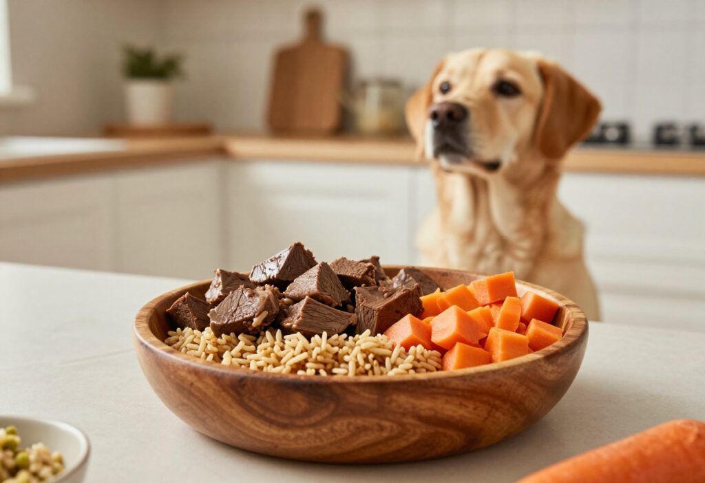 Homemade beef heart dog food in a bowl with a dog looking on