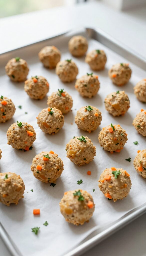 Golden-brown mini meatball poppers on a parchment-lined baking sheet, garnished with carrot and parsley, homemade dog treats.