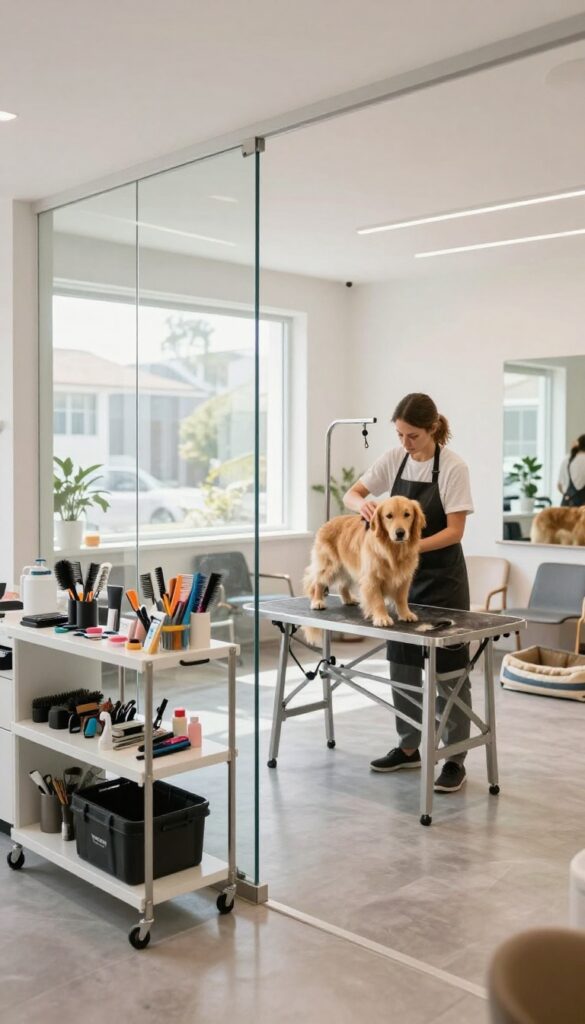 Semi-open grooming salon with glass partition, groomer brushing golden retriever, bright natural light, clean and professional setup.