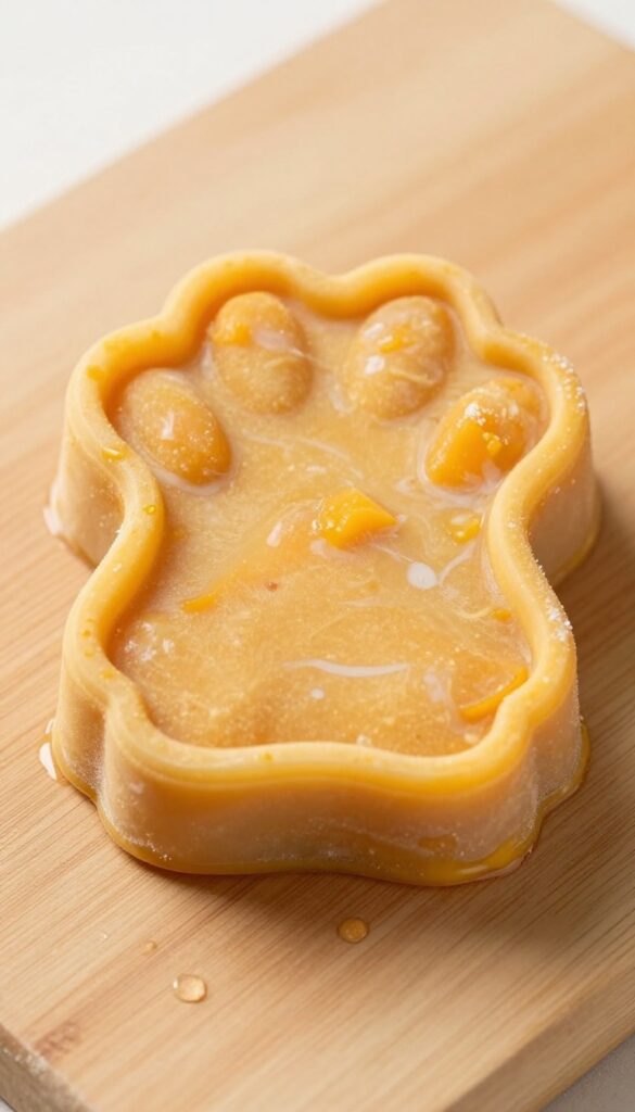 Frozen mango pumpkin pup pop dog treat in a paw-shaped silicone mold on a wooden board, creamy orange color, condensation droplets, natural light.