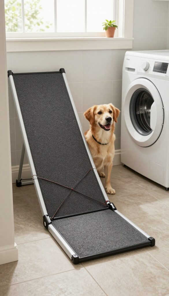 Foldable ramp stored beside a raised dog wash station in a bright laundry room