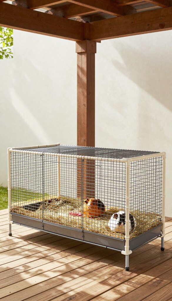 L-shaped guinea pig cage under patio overhang with shade, guinea pigs inside, wire grids, PVC pipes, elevated, natural light.