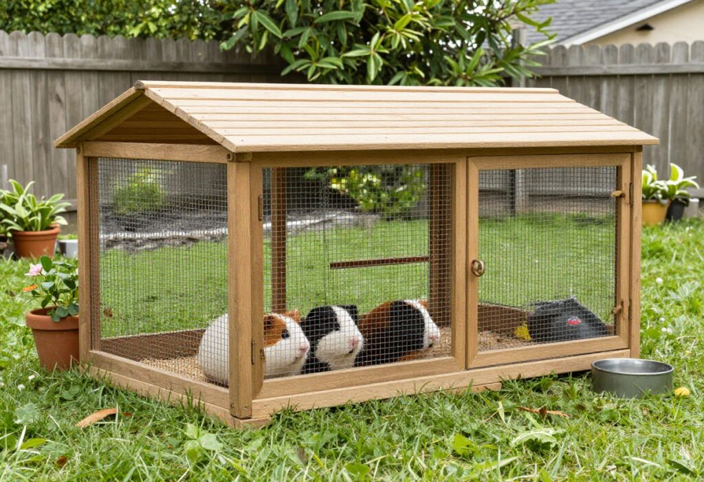 Outdoor guinea pig cage with shade roof and space for running
