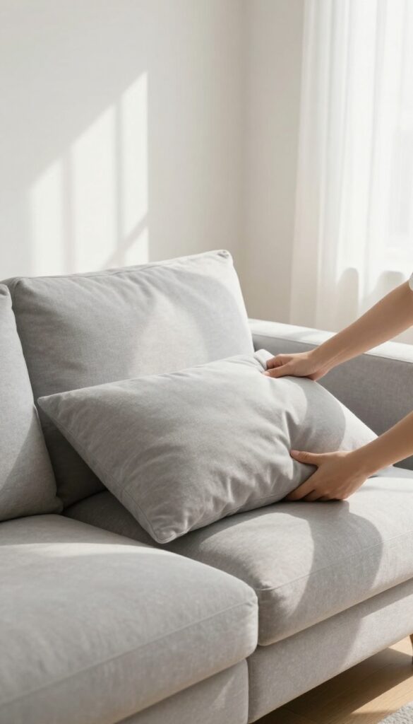 Hands fluffing a microfiber couch cushion to restore its shape in a bright living room