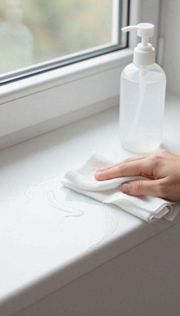 Close-up of a clean window sill and track being wiped with a DIY cleaning wipe, with a container of wipes nearby.