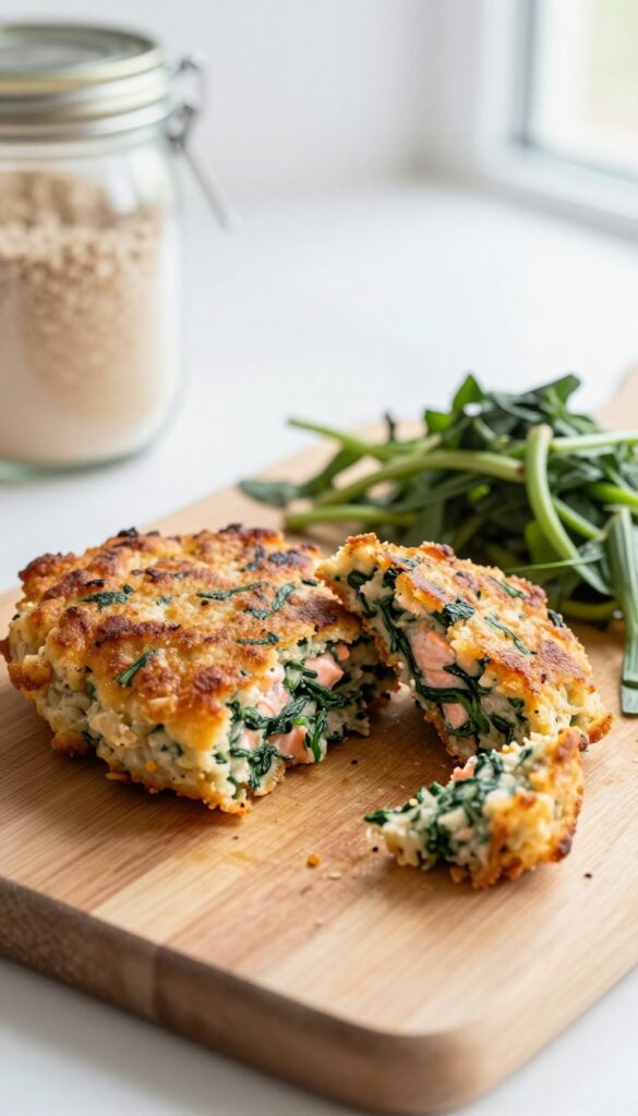 Homemade salmon and spinach dog treat patties on a wooden board, broken into small pieces, with oat flour and canned salmon in the background.