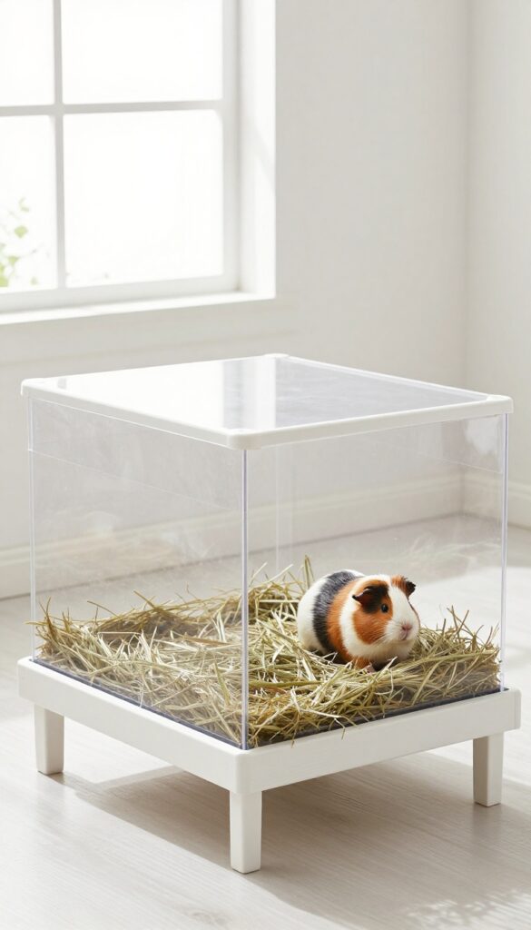 Guinea pig cage with plastic skirt catching bedding and hay, keeping the floor clean.