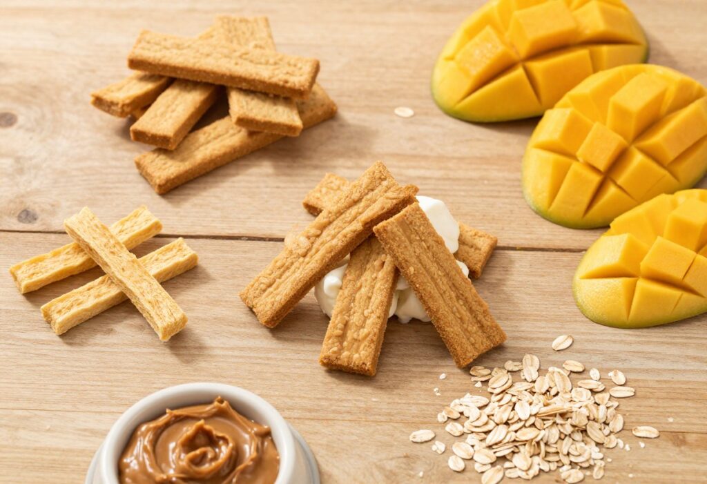 Homemade mango dog treats including frozen drops, biscuits, and chews on a wooden board with fresh mango and ingredients.