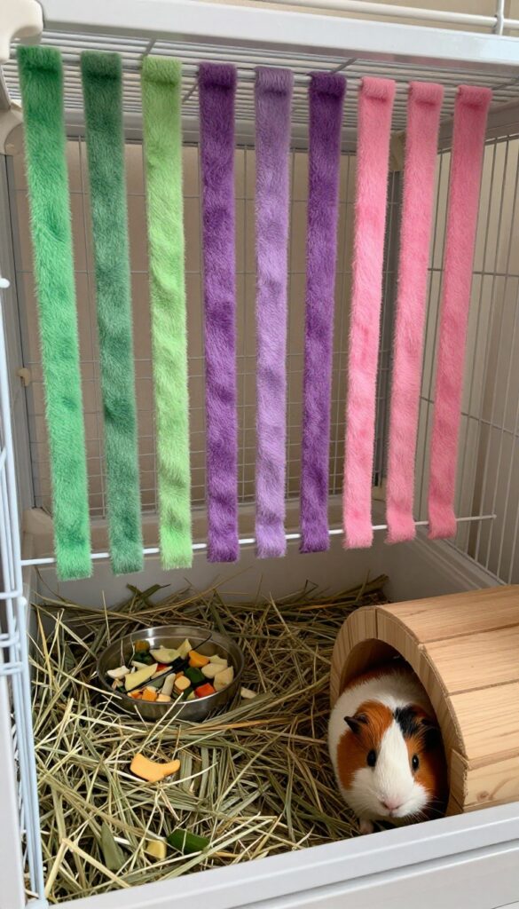 Guinea pig cage corner with a fleece forest hanging grid, hay dish, and hideout tunnel.