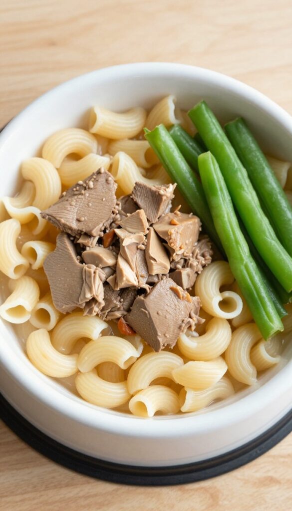Homemade dog meal with chicken liver, green beans, and pasta in a dog bowl