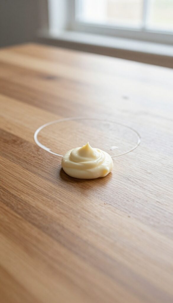 Applying mayonnaise to a water ring on a wooden table