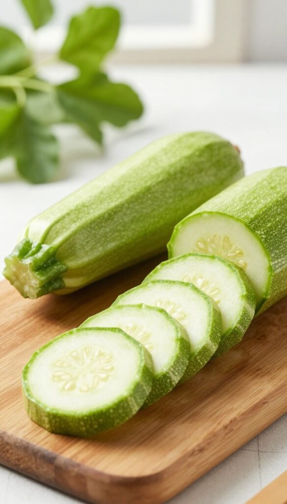 Fresh zucchini slices on a wooden cutting board in natural light
