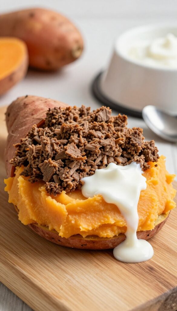 Close-up of a red Kong toy stuffed with layers of ground beef and mashed sweet potato, with a yogurt drizzle, on a wooden table in natural light.