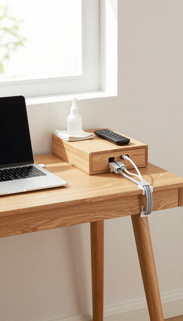 A tidy bedroom desk and nightstand with neatly organized electronics and cords, clean screens, and a fresh, clutter-free look.