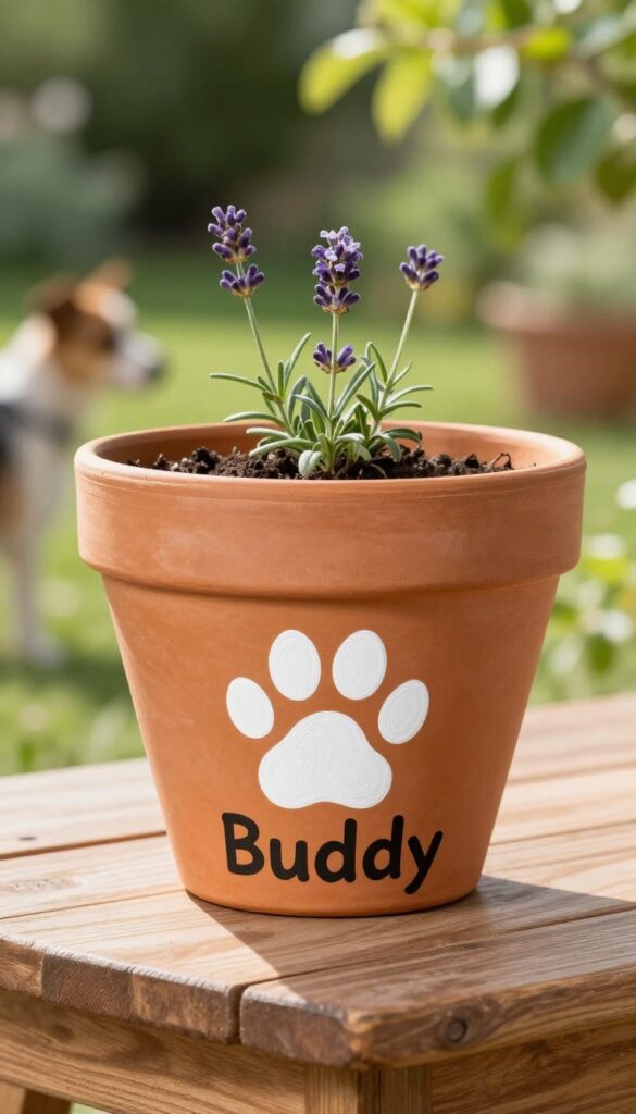 Hand-painted flower pot with dog's name and paw print, planted with lavender in a sunny garden
