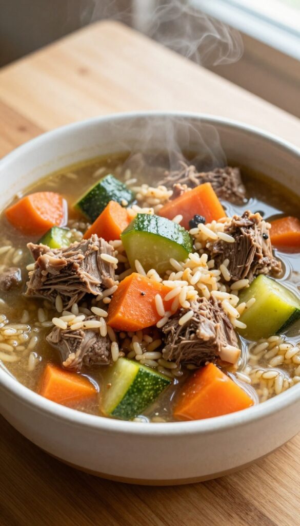 Homemade lamb and carrot dog stew in a ceramic bowl on a wooden table, natural lighting.