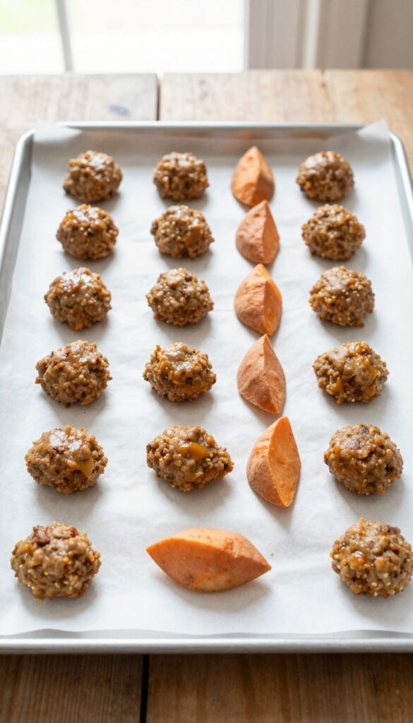 Homemade beef and sweet potato dog treat meatballs arranged on a baking sheet.