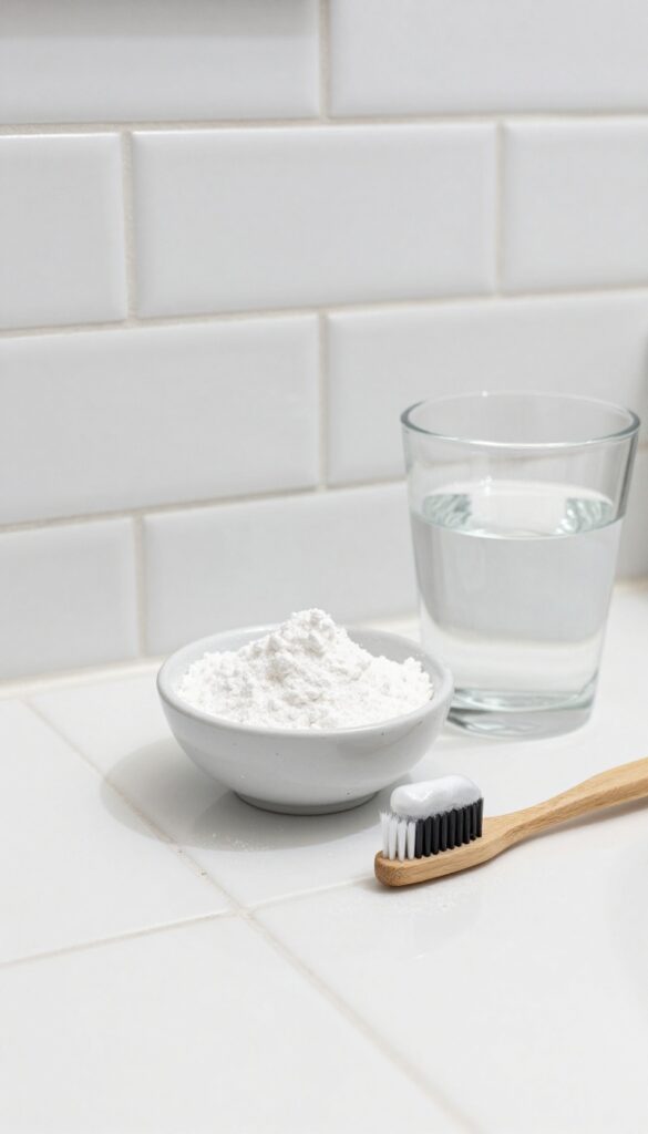 Borax powder and water paste being applied to bathroom grout with a toothbrush for cleaning
