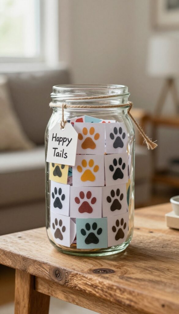 A clear glass memory jar filled with colorful paper notes, labeled 'Happy Tails', on a wooden shelf in a cozy room.